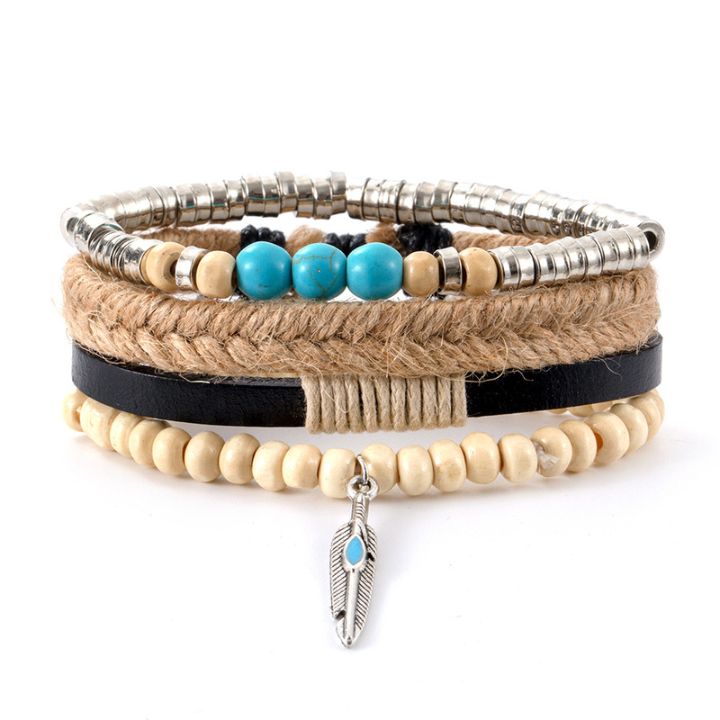Turquoise Feather Pendant Combination Multi-Layer Leather Hand Jewelry Casual Korean Fashion Leather Bracelet Foreign Trade Wholesale