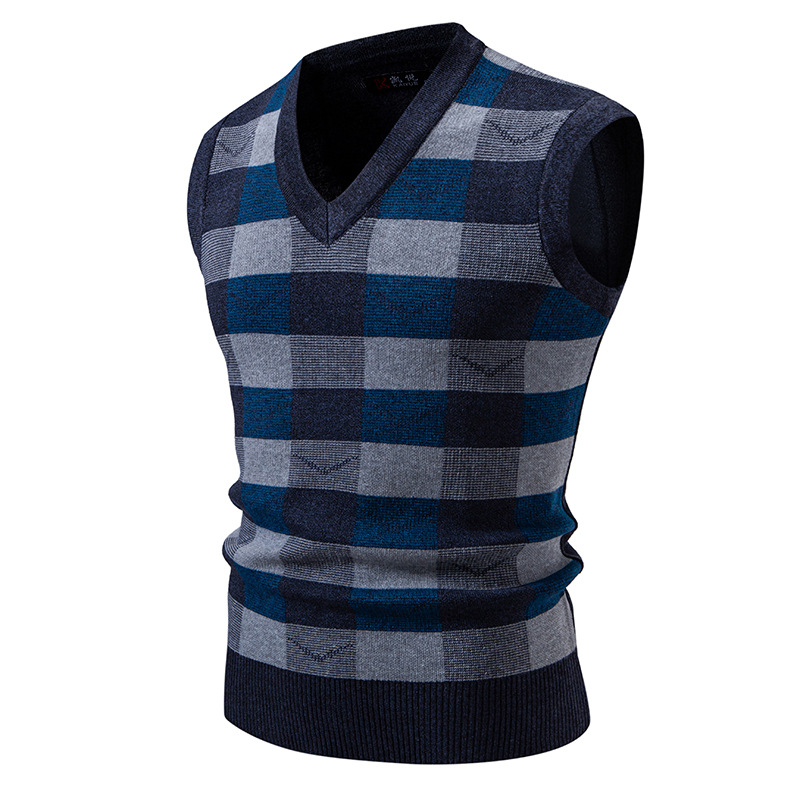 Gilet sans manches en maille pour homme, idéal pour l'automne et l'hiver. Coupe ajustée, col en V, sans manches, motif jacquard. Disponible en coloris uni et à carreaux._voghion.com