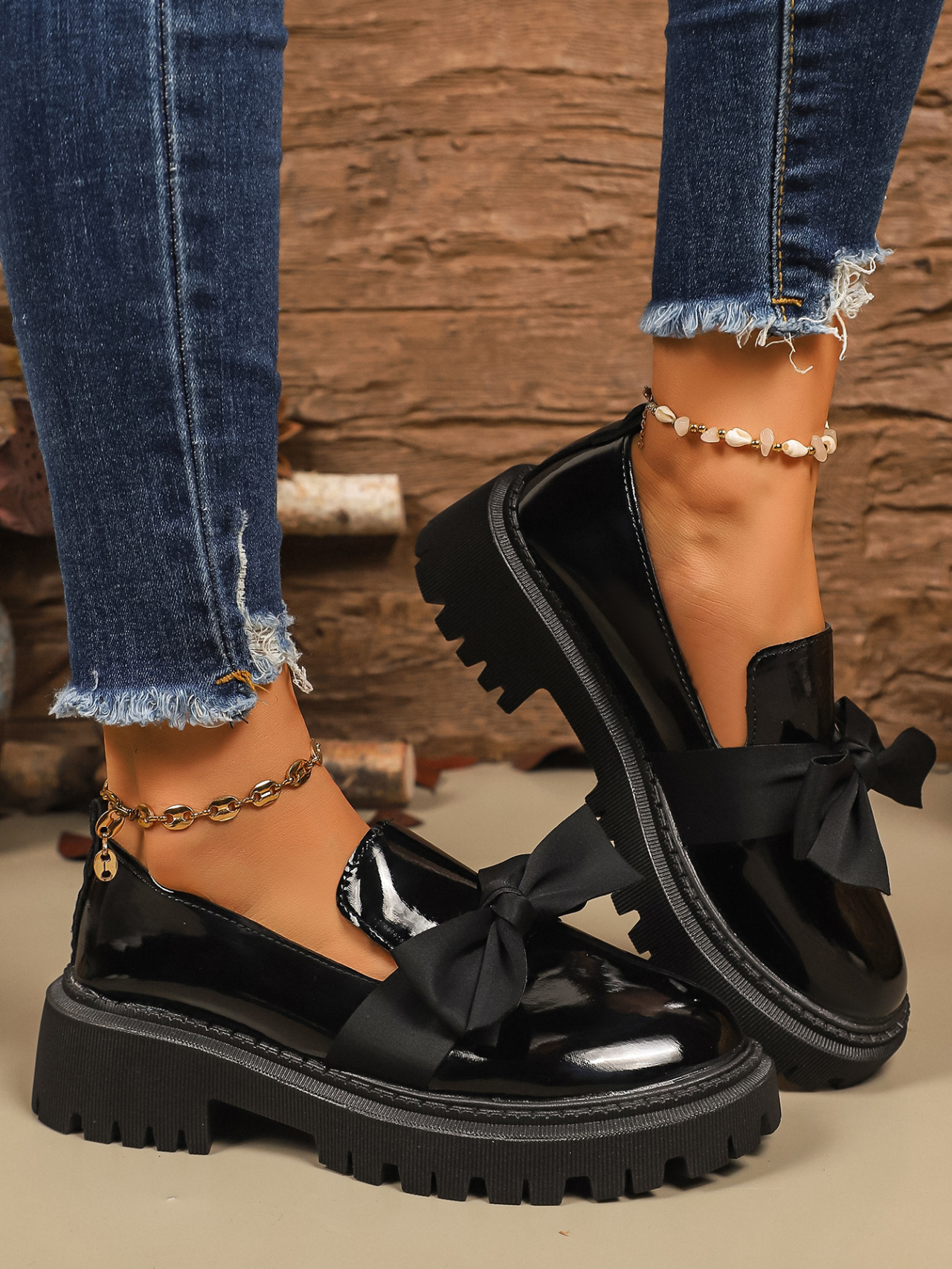 Women's Lus Size Bow Low Top Single Shoes Slip-On Leather Thick Soled Autumn New Style Size 43_vogvips.com