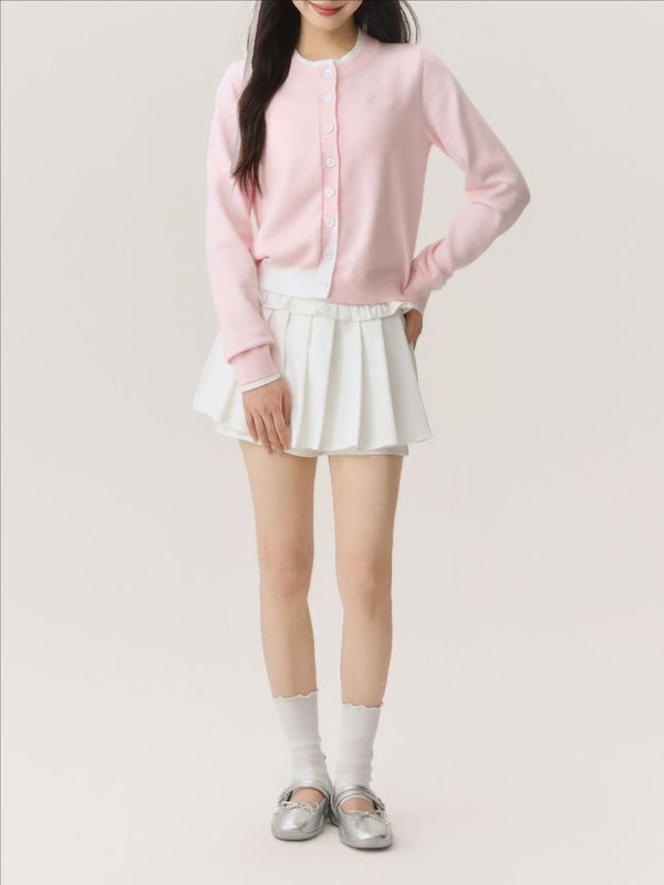 BUBBLELY 春新款百搭时尚休闲刺 绣拼色宽松假两件针织开衫女|undefined