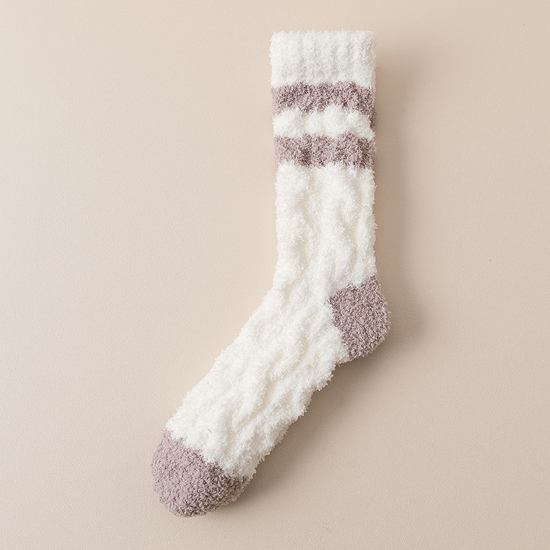 Lana de coral a media pantorrilla para mujer forrada con forro polar forrada al frío cálido noreste rayas calcetines de confinamiento para dormir calcetines de piso grueso