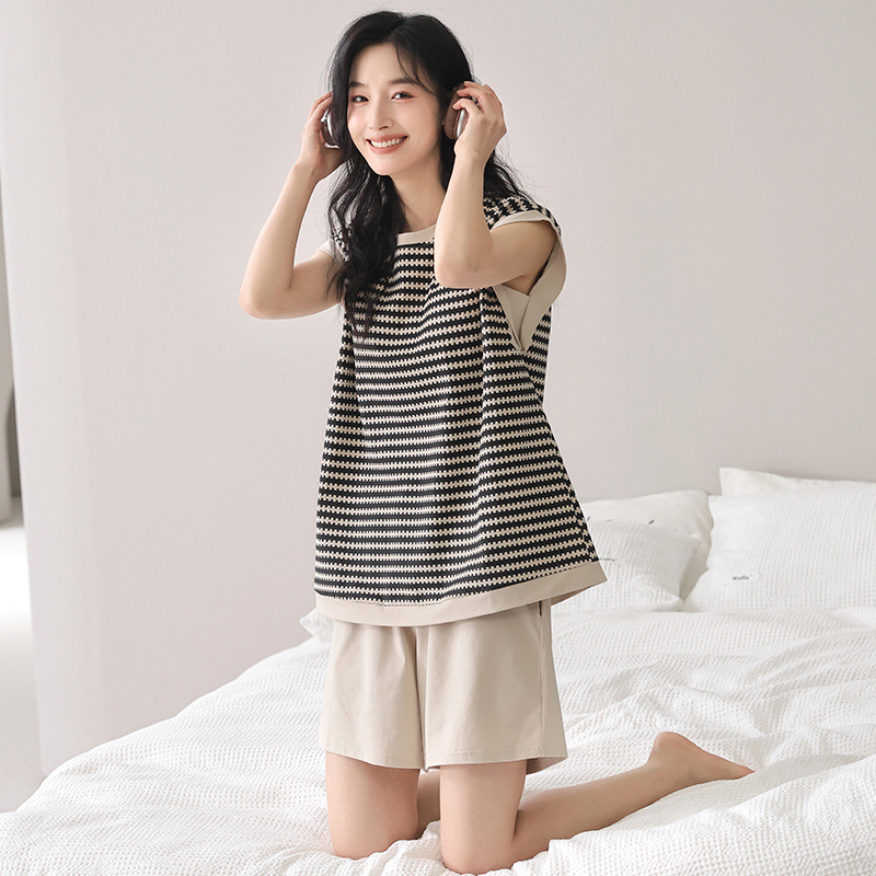 가슴 패드가 있는 민소매 조끼, 여성용 순면 잠옷, 달콤한 여름 얇고 시원하며 시원하고 노출 방지 홈웨어 세트