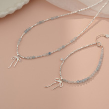 乾佳S925纯银蝴蝶结碎银子海蓝宝项链甜美清新套装高级首饰代发