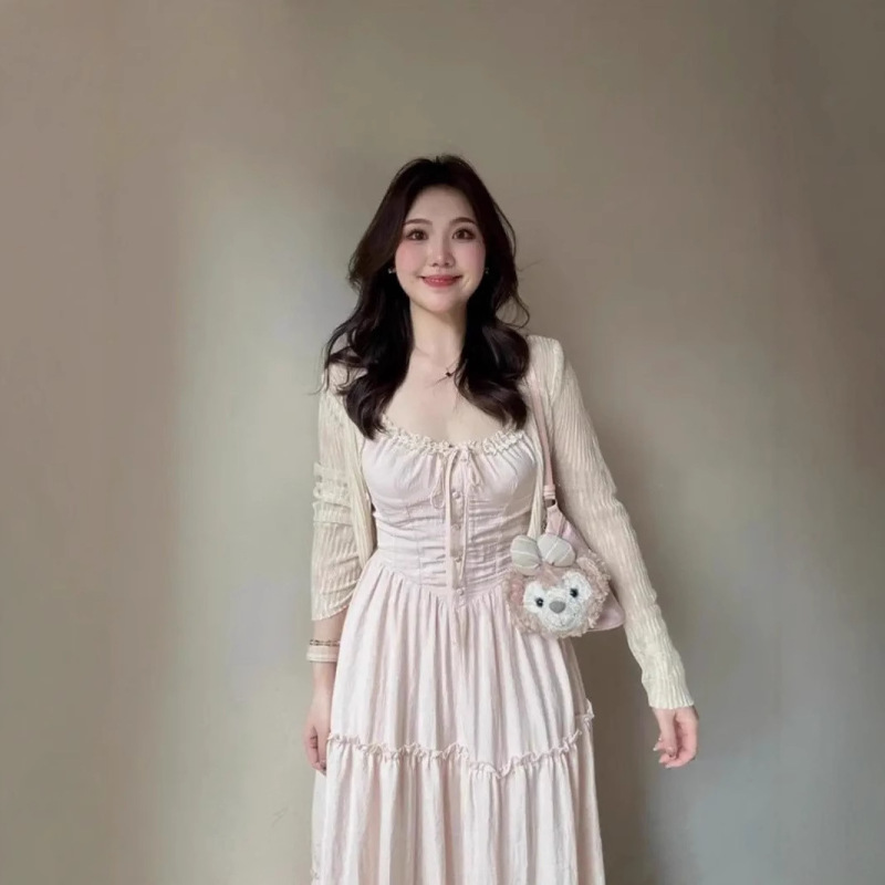 French Sweet Suit Women's Pink Suspender Dress Holiday Style Waist Slimming Fairy Skirt Cardigan Two-Piece Set