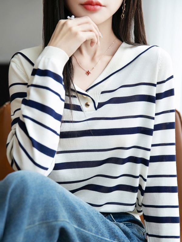 Camiseta de punto a rayas de cuello marino suéter coreano suéter de reducción de edad camisa de base suelta con solapa de luces de manga larga camisa de mujer image 5