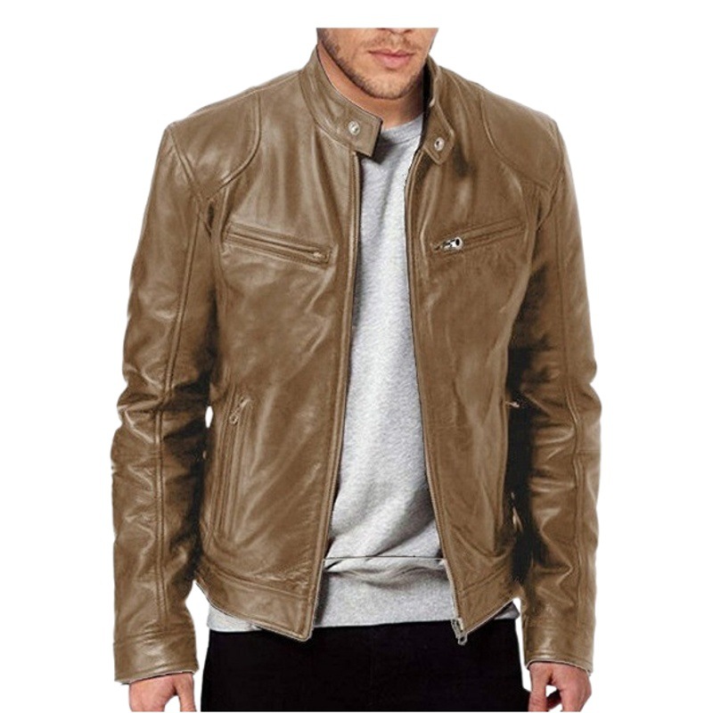 Foreign trade winter business gentleman warm zipper cardigan pocket decorative PU leather clothing stand collar slim leather jacket P55