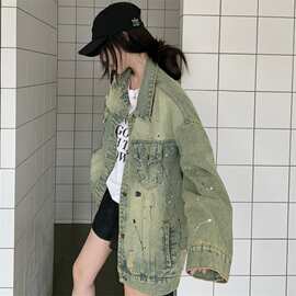 大码女装2025春季新款胖MM小众设计感复古绿色设计感泼墨牛仔外套
