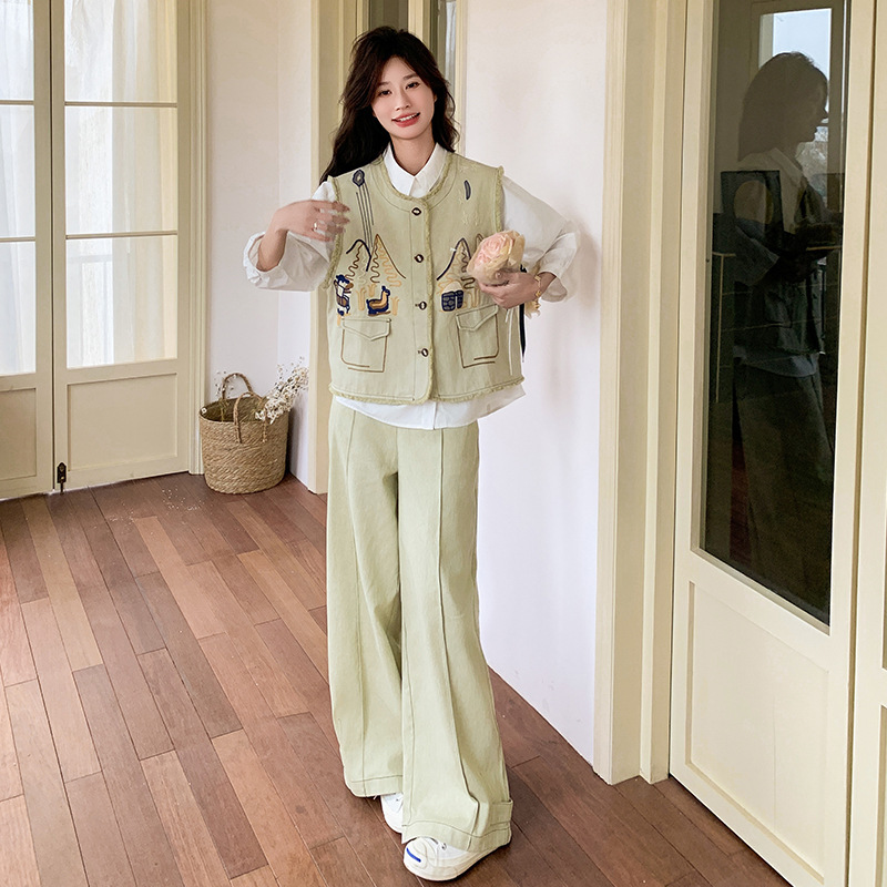牛仔刺绣马甲时尚套装女2025春秋新款超火穿搭一整套阔腿裤三件套|undefined
