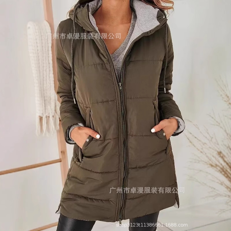 Autumn and Winter 2024 Amazon Independent Station European and American Hooded Solid Color Cotton-padded jacket Long Sleeve Slim Fit Pocket Long Jacket Top