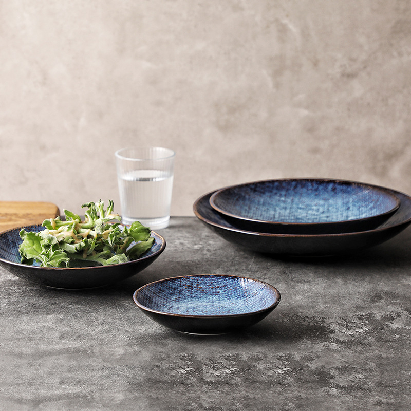 Plato de cerámica creativo, cubiertos de comedor, tela de cerámica transfronteriza, platos occidentales, cubiertos de cerámica azul profundo