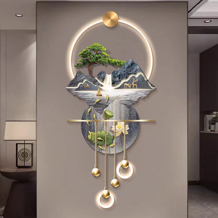 Paisaje da la bienvenida a los invitados Songguan Pintura decorativa Imagen de nueve peces Frente a la puerta Lámpara de pared luminosa Nueva pintura china del pasillo del pasillo