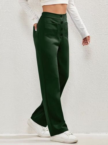 2025 New European and American-style Fashion Women's Black Casual Straight Pants with High Waist, Buttons, Elasticity, and Multiple Pockets