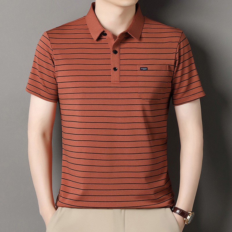 Summer New Men's Ice Silk Striped Short-Sleeve T-Shirt Breathable Polo Shirt with Real Pockets and Logo Printing Option