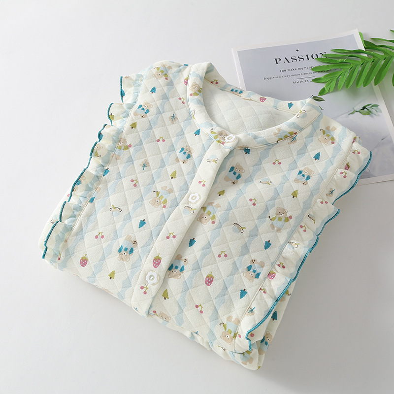 秋冬の女性の純綿の3層の空気綿の中間層の長袖のパジャマの冬の綿の保温の甘い家庭服の月子服