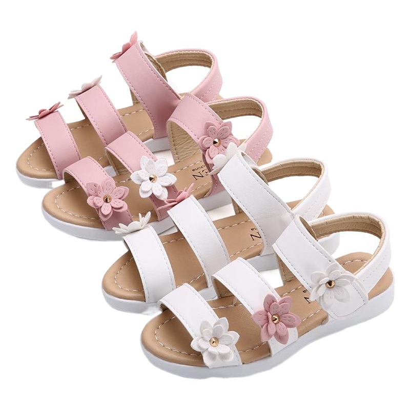 Girls' Sandals with Three Flowers, Roman Style Shoes, Trendy Summer New Korean Version Children's Beach Shoes, Baby Shoes, Kids' Shoes with Floral Design