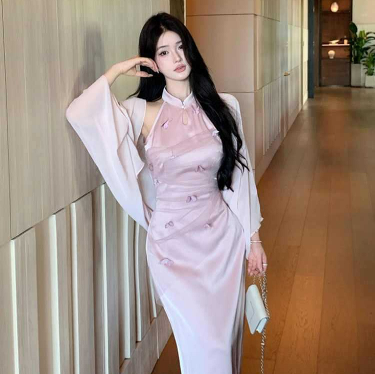 New Chinese Style Light National Style Pink Improved Cheongsam Sleeveless Dress for Women Summer Young Style Pure Desire Hip-Hugging Long Skirt