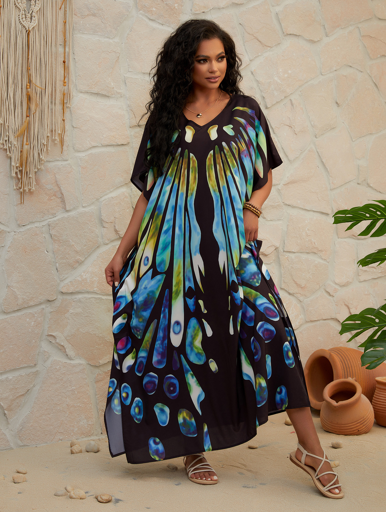 2024 nueva camiseta de playa europea y americana transfronteriza bohemia falda larga camiseta protector solar de vacaciones camiseta de trajes de baño 5D262