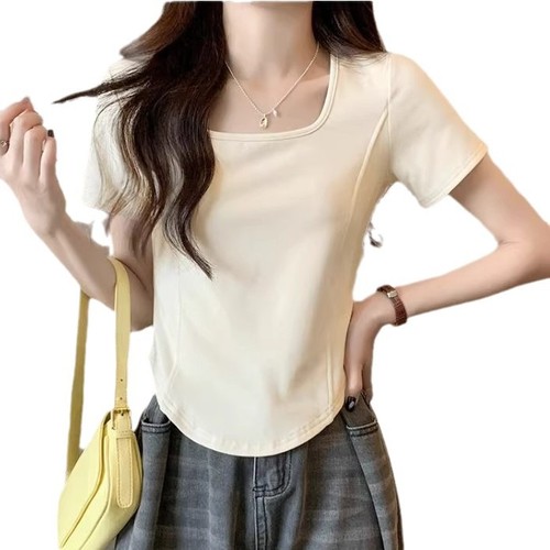 Ins Pure Desire Summer Square Collar Bone Short Sleeve T-Shirt for Women, Fitted Hooded Slimming Casual Base Top for Trendy Women