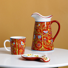 American ceramic plate creative pastoral style red flower and bird round flat plate home deep soup dish fruit snack plate