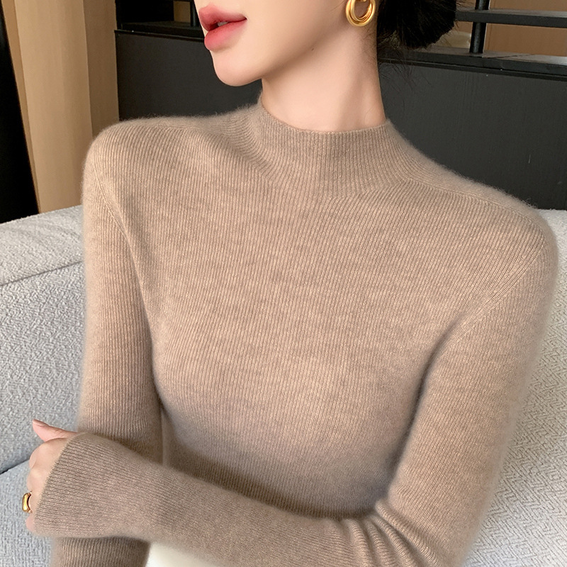 Autumn and Winter New Style First-Line Ready-To-Wear Andy Velvet Half-High Collar Knitted Base Shirt for Women, Slim Fit, Elegant Casual Sweater