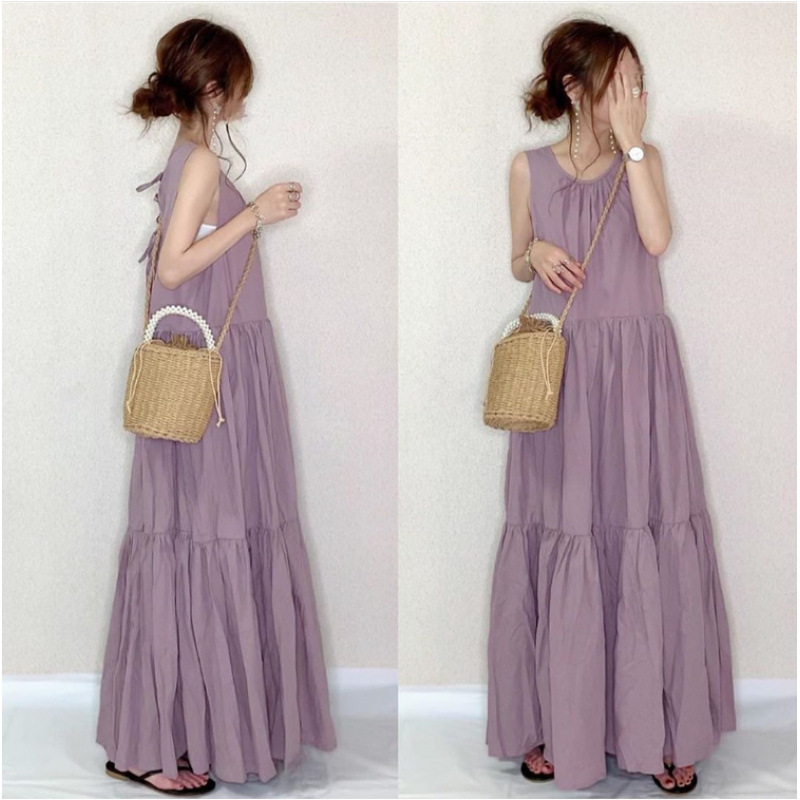 Japanese-Style Loose Long Sleeveless Dress for Women, Summer Slimming Puffy Dress, Amazon Cross-Border Tank Top Long Dress, Tiered Dress