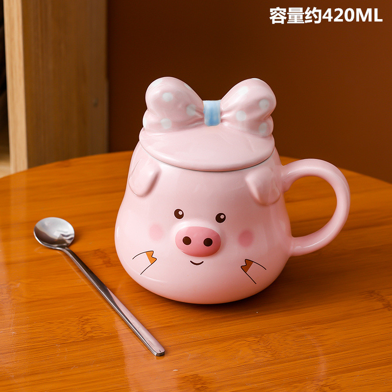 Taza de cerámica creativa lindo cerdo Rosa niña Corazón de dibujos animados taza con tapa cuchara taza de agua taza de café taza de desayuno