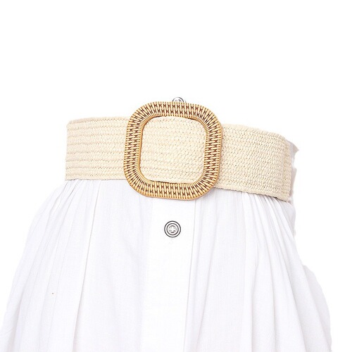 Women's summer woven PP grass decorated dress with wide belt, adjustable elastic belt, versatile women's belt
