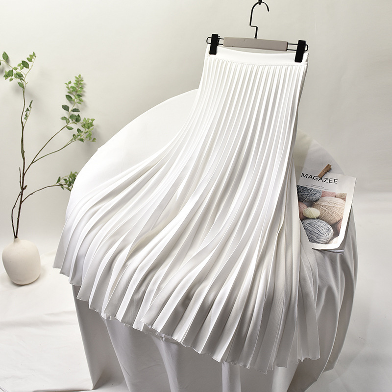 Design sense white pleated skirt spring, autumn and winter women's mid-length high waist shows thin large size A-line skirt long drape