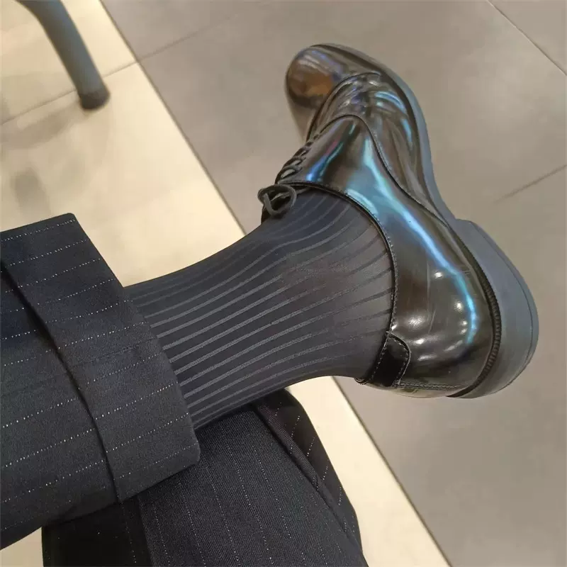 木本绅士男士非ick商务袜中长筒薄黑色锦纶正装油水镜面条纹丝袜
