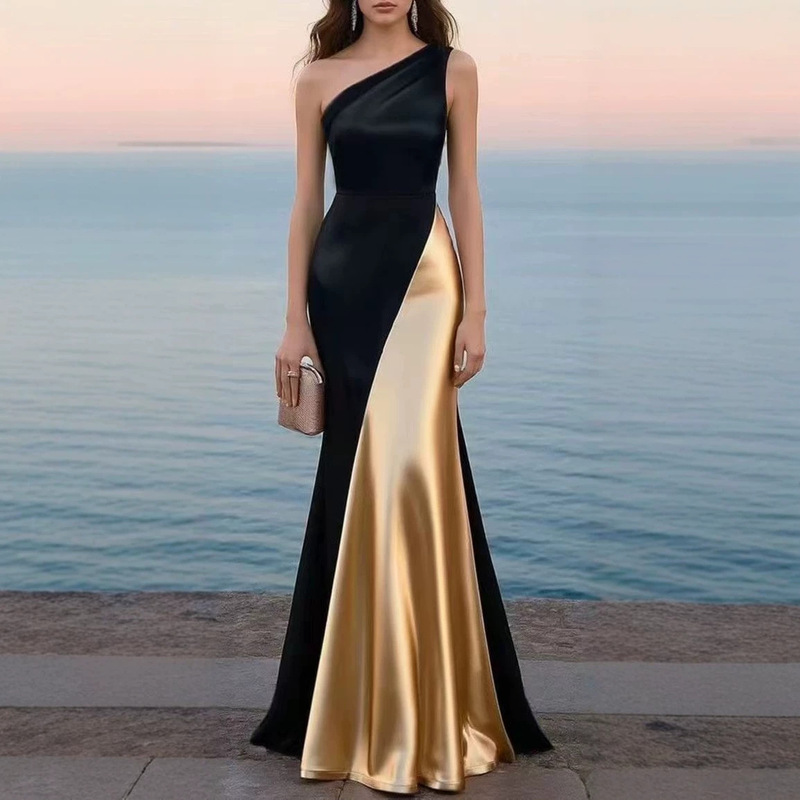2026 Contrast Color Asymmetrical Satin Mermaid Dress Luxurious Long Evening Gown for Banquets and Red Carpet High-End Evening Wear