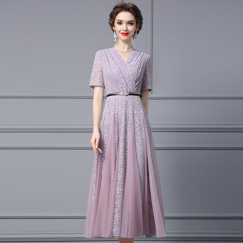 Zhili Lace Dress with Belt for Women, High-End Formal Occasion Mesh Splicing Long Skirt, 2026 New Summer Dress