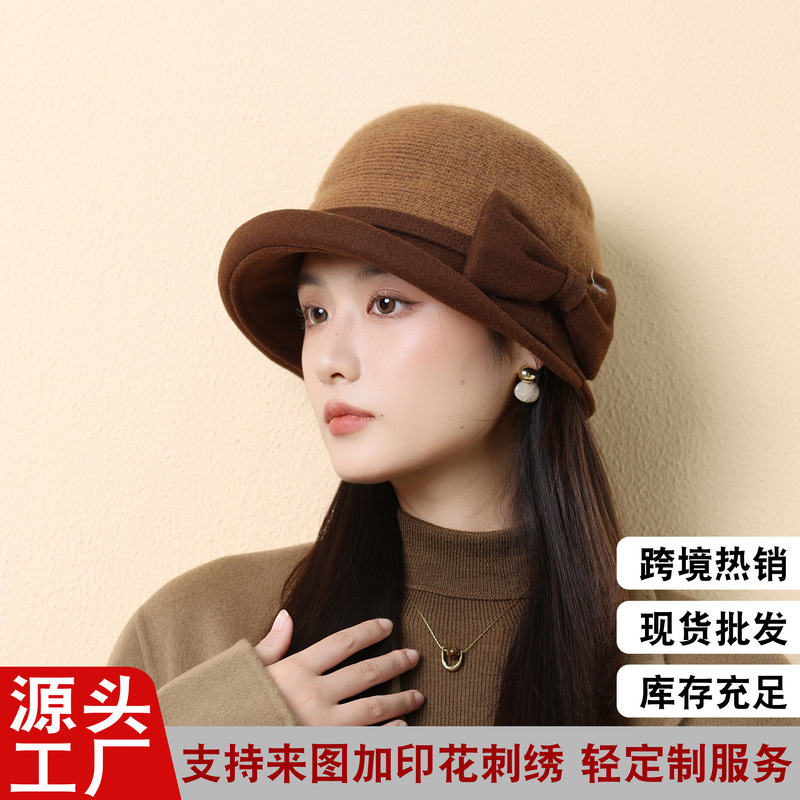 秋冬季帽子女羊毛呢蝴蝶结渔夫帽复古百搭名媛礼帽加厚保暖盆帽潮|undefined