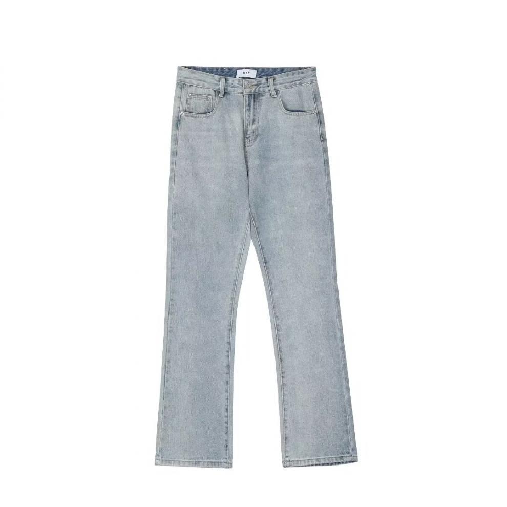 Men's High Street American Retro Washed Denim Jeans Loose Fit Slightly Flared Wide Leg Floor Length Slimming Blue Jeans_mkmklike.com