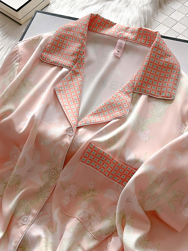 新款真丝睡衣女长袖春夏秋季家居服两件套装印花田园风休闲长裤|undefined