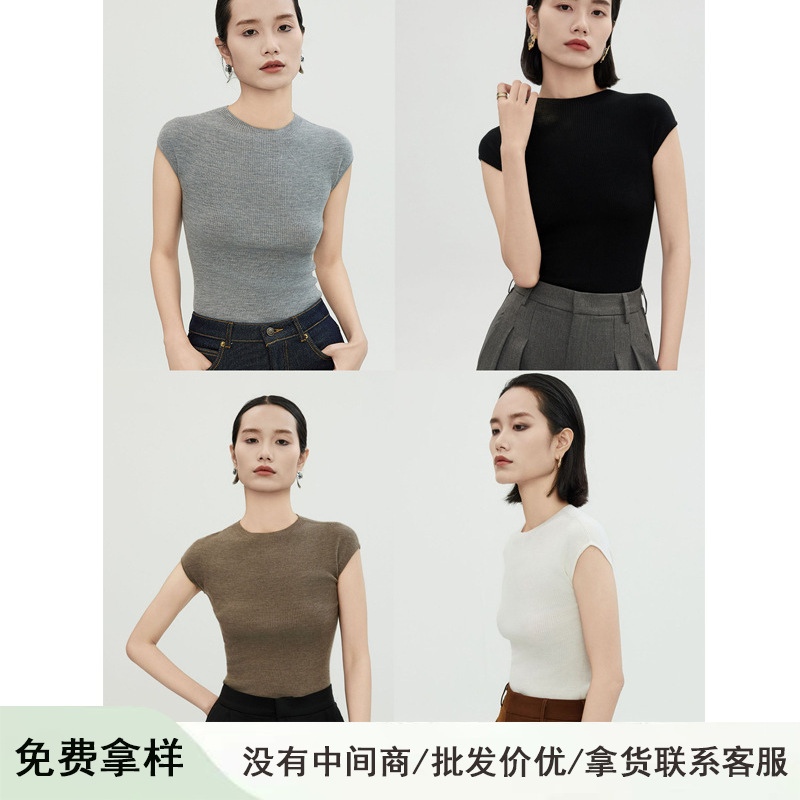 60 count, excellent fit, seamless short-sleeved knit top, round neck T-shirt for women, wool sweater, slim fit.