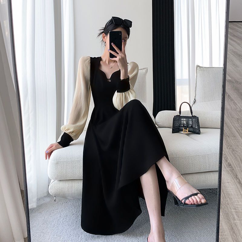 plus size French Hepburn Style Chic Long-sleeved dress Women's Spring Fat Sister Belly-covering Slimming Stitching Long Skirt plus size French Hepburn Style Chic Long-sleeved dress Women's Spring Fat Sister Belly-covering Slimming Stitching Long Skirt