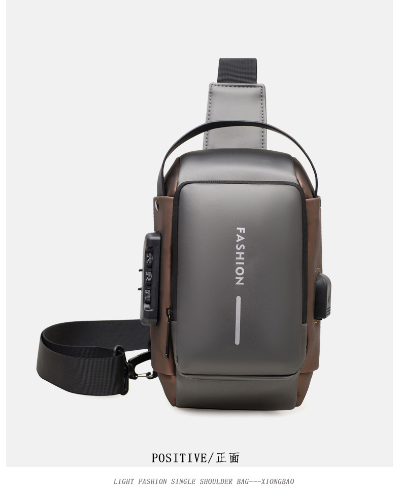 Carga USB explosión de estilo de moda de tramo oblicuo mochila deportiva anti-robo mochila pequeña multifuncional contraseña bloqueo bolso de pecho