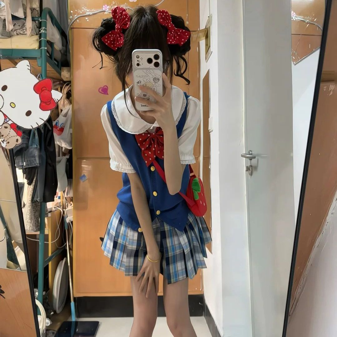 Royal Blue Cardigan Vest 2026 Sparkling Water JK Summer Style College Style JK Uniform Vest Peter Pan Collar Short Sleeve Set