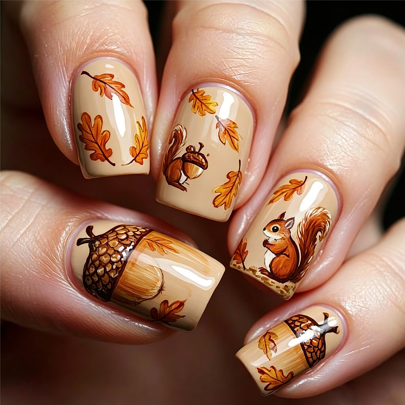 Cross-Border Squirrel Leaf Design Thanksgiving Nail Art Medium-Length False Nail Tips Wholesale
