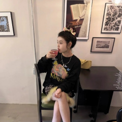 爱丽莎公主25秋季韩国东大门慵懒圆领上衣黑色百搭卫衣女宽松韩版