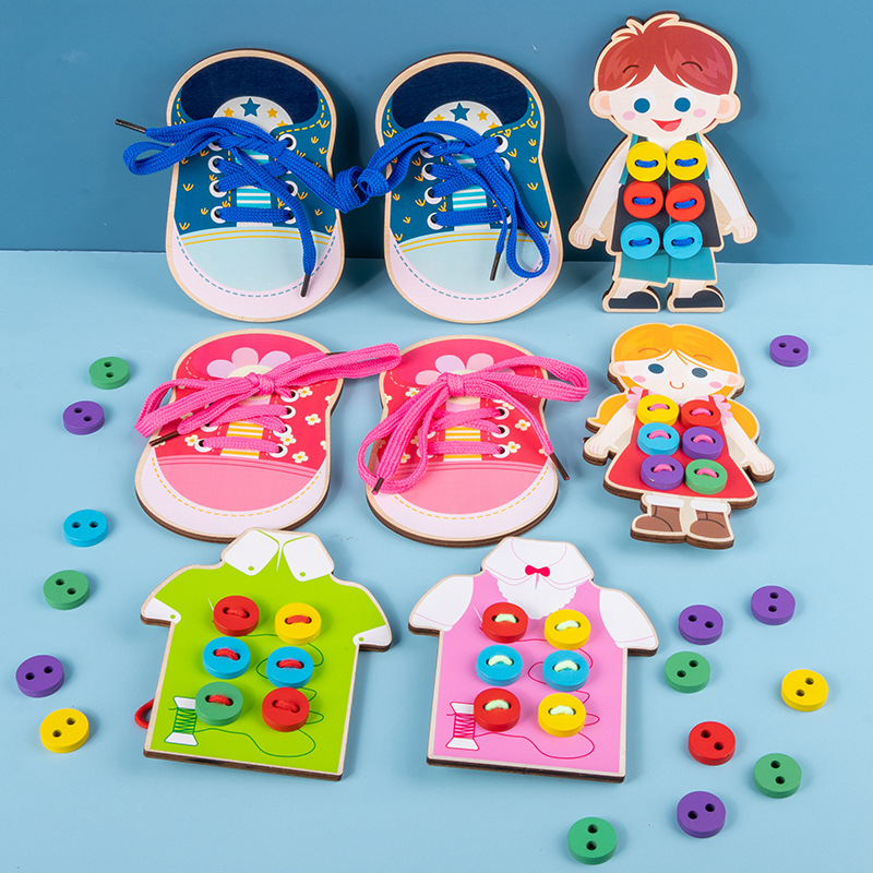Juego de cuerda educativo para niños Ropa de madera Botón Corbata Cordón Bebé Ejercicio de educación temprana con manos en el cerebro Juguetes