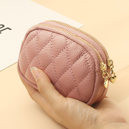 First-layer cowhide rhombus hand-held small wallet mini coin coin bag double zipper genuine leather coin purse wholesale for women