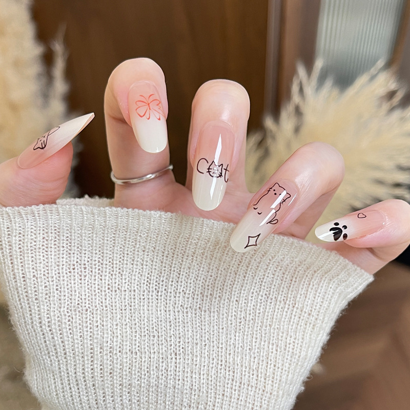 Cartoon Cat Wears Cute Wind-Resistant Mid-Length Oval Prefabricated Fake Nails Removable Manicure Nails to Show Whiteness