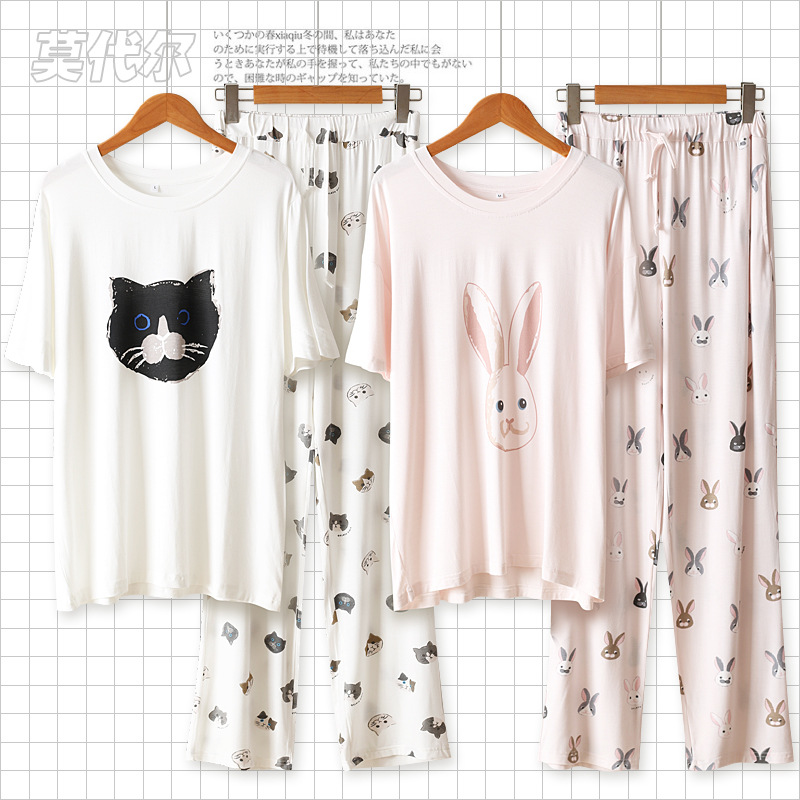 2023 Japanese Style Spring and Summer Modal Pajamas Women's Short-sleeved Pants Set Thin Cartoon Cat Crewneck Home Clothes