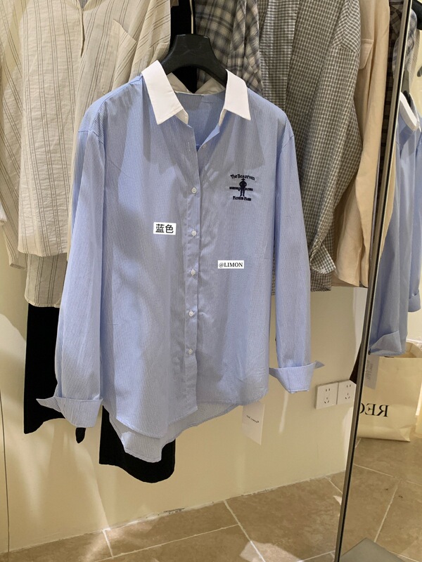 【高品质订货】欧尼同款！复古撞色翻领刺绣宽松条纹衬衫  #  LWD|undefined