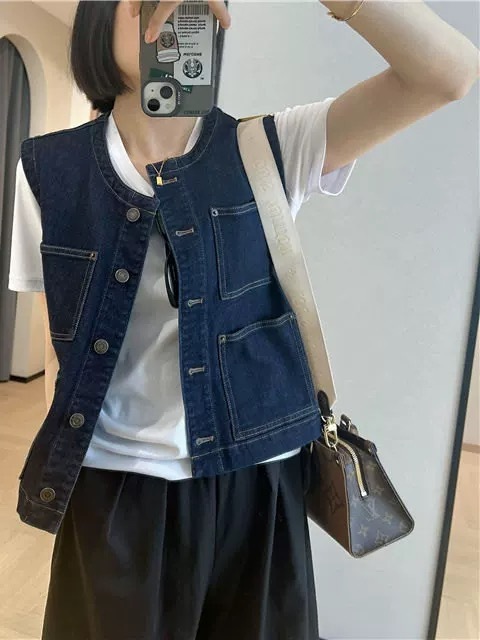 韓国風トップス、ファッショナブルでストレートなレトロなダークブルーのラウンドネックショートデニムベスト、重ね着できる万能ノースリーブベストジャケット|undefined