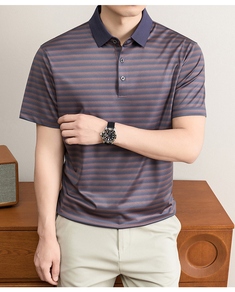 Áo polo nam tay ngắn cổ bẻ sọc kẻ chất liệu tơ tằm mulberry mềm mịn — Vàng tím 8878 chi tiết 19