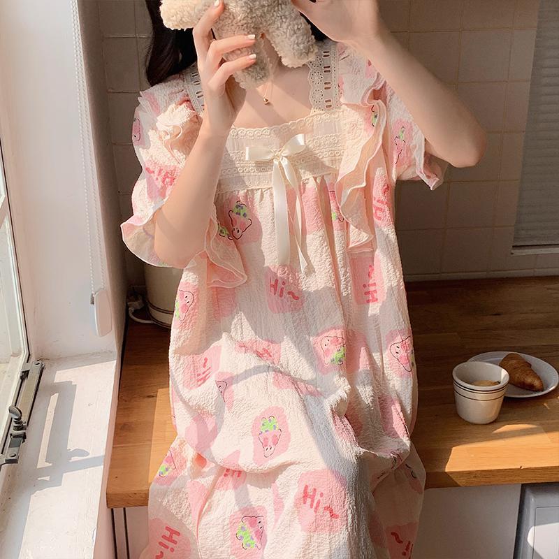 Camisón de verano de dibujos animados de las mujeres lindo dulce en línea celebridad manga corta estilo princesa pijamas verano homewear de las mujeres puede salir