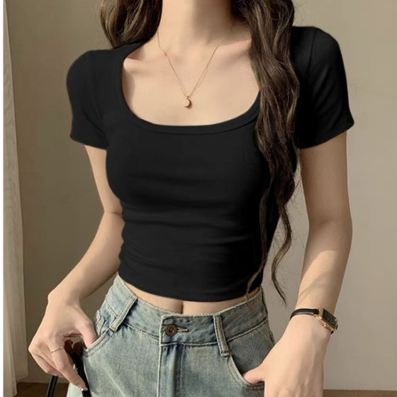 2025 New Shoulder Large Neck Navel-exposed Short-sleeved T-shirt Tight-fitting Unique Beautiful Short Low Collar Top for Women Summer