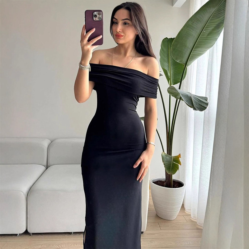 Ac529 Light and Sophisticated Hepburn Style One-Shoulder Black Skirt Women's Summer Waist Sexy Dress Ac529 Light and Sophisticated Hepburn Style One-Shoulder Black Skirt Women's Summer Waist Sexy Dress